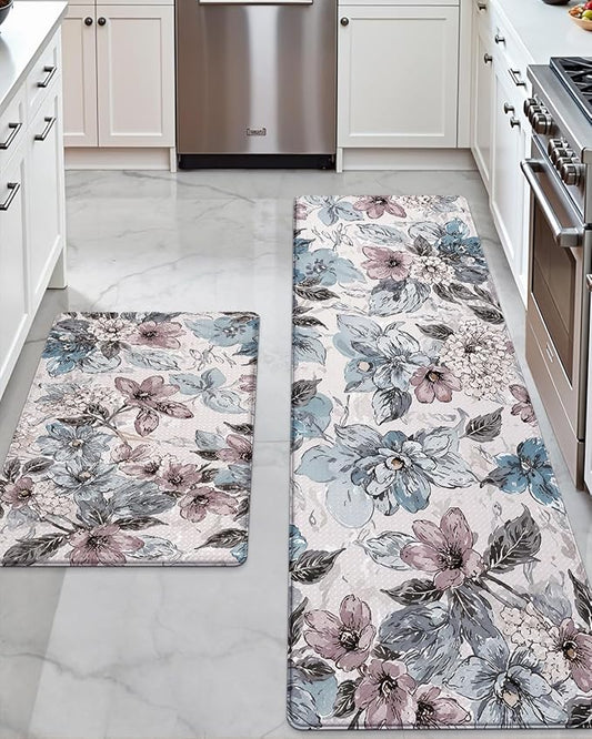 DEXI Kitchen Mats for Floor 2 Piece Set, 17x29+17x59, Cushioned Standing Mat Anti Fatigue, Waterproof Comfort Floral Padded for Laundry Room Office, Pink and Teal
