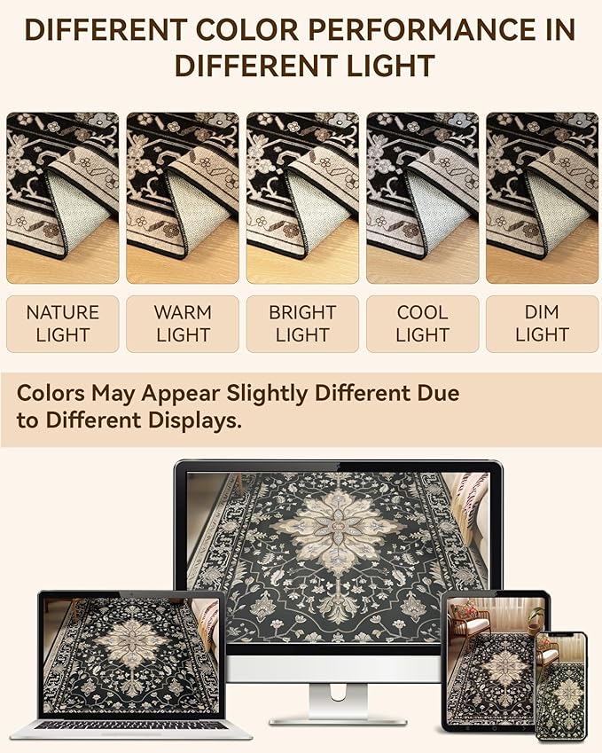 RELEANY Area Rugs 6'x9' Washable Non-Slip, Floral Vintage Distress Print Pattern Medallion Carpet for Living Room Bedroom Dining Room, Black Brown Neutral Dark Tan