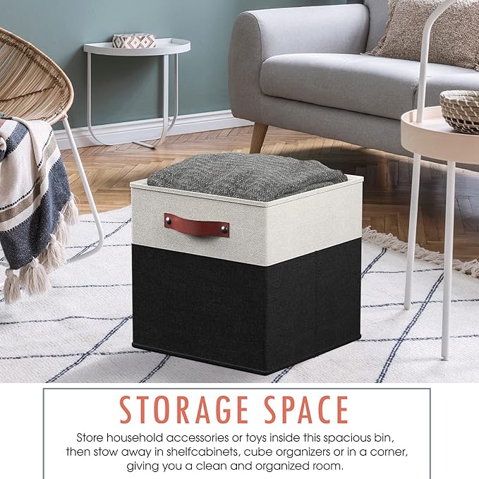 Ornavo Home 11 x 11 Storage Cube Bins, Foldable Collapsible Fabric Storage Bins Box Linen Shelf Basket Cube Organizer for Closet with Leather Handles, 6 Pack, White/Black
