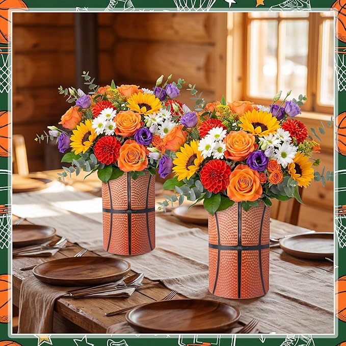 6 Set 5 Inch Basketball Vase Table Centerpiece Sports Style Round Basketball Runner Flower Box with Paper Removable Foam Vase for Home Artificial Flower Utensil Holder Kitchen Party Decor