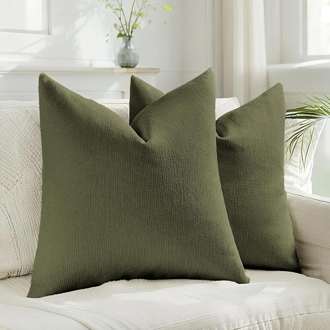 HAUSSY Moss Green Throw Pillow Covers 26x26 Inch Set of 2,Boho Decorative Faux Linen Throw Pillows Cozy Farmhouse Accent Cushion Covers,Home Decor for Couch Sofa Bed Living Room