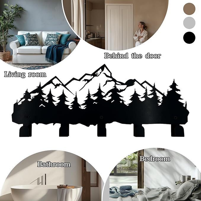 Metal Mountain Coat Hooks and Key Holder, Mountain Design Wall Art Decor, Clothes Hat Rack, and Backpack Hanger, Storage Decor for Living Room, Hallway, Office, Kitchen, Entryway, and Bedroom