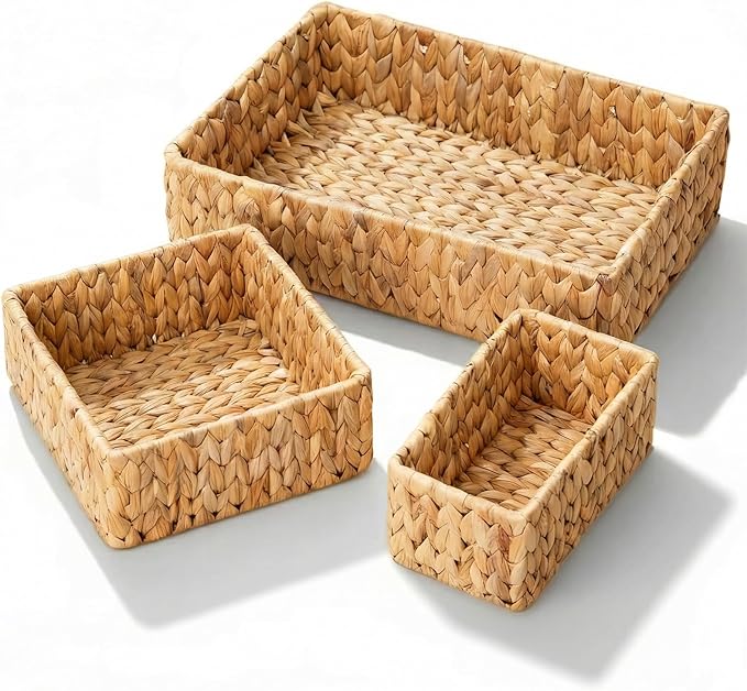 Wicker Storage Baskets Set of 3, Handwoven Water Hyacinth Baskets for Organizing, Large and Small Wicker Baskets Set, Decorative Natural Woven Baskets 3Pack for Pantry Shelves