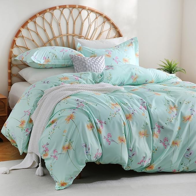 JSD Green Floral Duvet Cover Set Queen Size, 3 Piece Botanical Printed Microfiber Comforter Cover with Corner Ties Zipper Closure