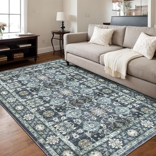 Dotiiorug Washable 8×10 Area Rug for Living Room, Vintage Floral Rug Soft Non Slip Stain Resistant Boho Carpet for Indoor Bedroom Dinning Room Home Office Blue/Navy