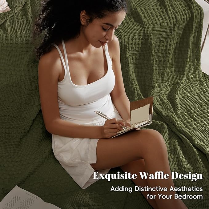 PHF 100% Cotton Waffle Weave Blanket King Size for Bed, Soft Lightweight & Breathable, All-Season Comfort, 300 GSM Luxury Aesthetic Blanket for Home Decor, 108"x90", Capulet Olive