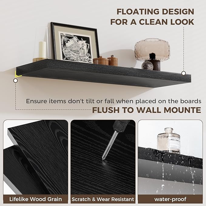 Fun Memories 12 Inch Deep Floating Shelves, 16 x 12 Wooden Wall Shelves, Extra Deeper & Thicker Rustic Wall Mounted Storage Shelf for Fireplace, Living Room, Kitchen, Farmhouse, Black - 3Pack