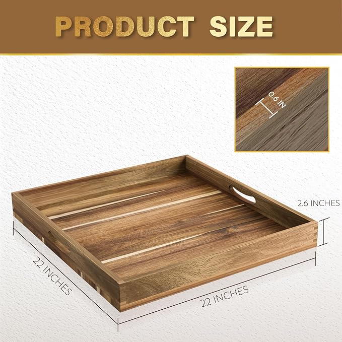 MAONAME Extra Large Square Ottoman Tray, 22" Acacia Wood Serving Tray for with Handles, Farmhouse Wooden Decorative Trays, Coffee Table Trays for Living Room, Countertop, Charcuterie
