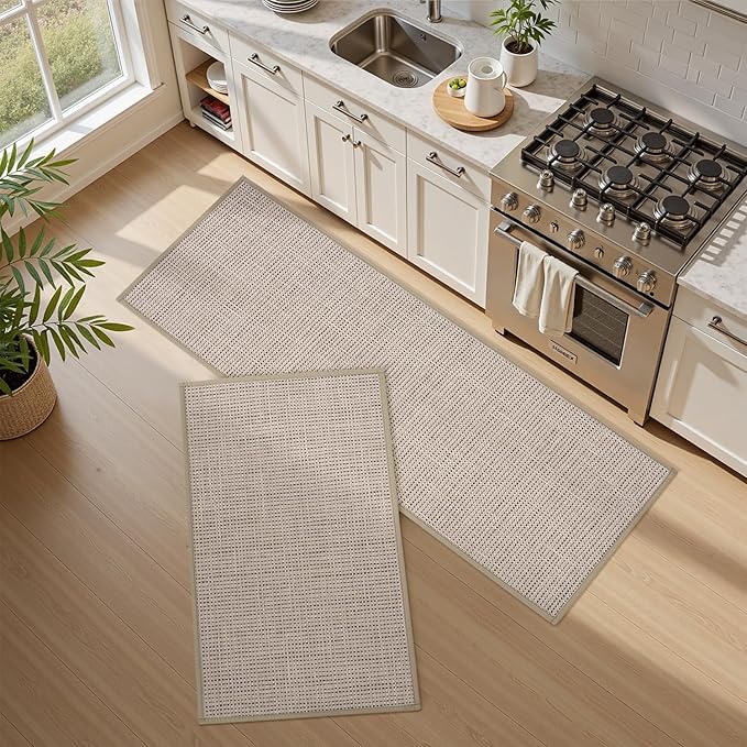 PADOOR Kitchen Rug Sets Non Slip, Washable Kitchen-Mats for Floor Absorbent Runner Rug for Kitchen, Kitchen Floor Mat for Hallway Laundry 17"x30"+17"x47" Beige