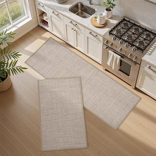 PADOOR Kitchen Rug Sets Non Slip, Washable Kitchen-Mats for Floor Absorbent Runner Rug for Kitchen, Kitchen Floor Mat for Hallway Laundry 17"x30"+17"x47" Beige