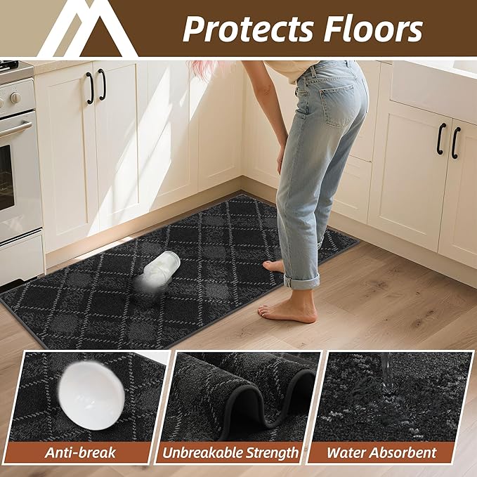 COSY HOMEER Kitchen Rugs and Mats Sets 2PCS Non-Slip Soft Kitchen Mats for Floor Absorbent and Stain Resistant Kitchen Floor Mat Washable Plaid Rugs for Kitchen,24"x36"+24"x60",Dark Grey