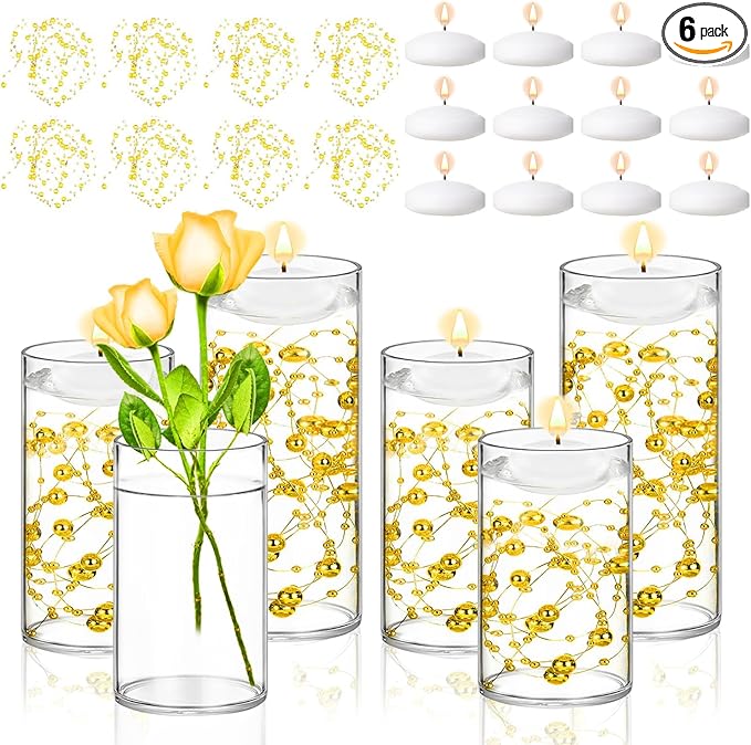 6 Set Glass Cylinder Vase with 8 Artificial Pearl String 12 White Floating Candle Multi-Size Cylinder Vase for Centerpieces 4"+ 6" + 8" Glass for Wedding Party Table Decor(6 Pcs-Gold)