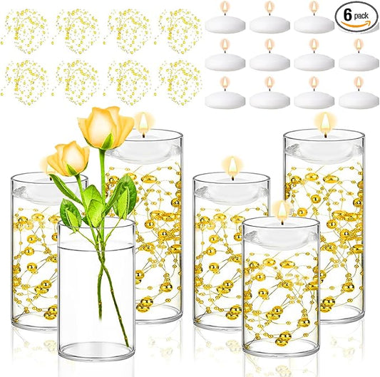 6 Set Glass Cylinder Vase with 8 Artificial Pearl String 12 White Floating Candle Multi-Size Cylinder Vase for Centerpieces 4"+ 6" + 8" Glass for Wedding Party Table Decor(6 Pcs-Gold)