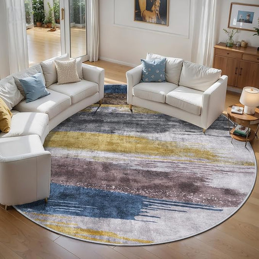 Ciicool 6ft Round Washable Rug, Modern Abstract Circle Rugs, Non-Slip Thin Lightweight Rug Yellow Brown Circular Print Distressed Carpet for Bedroom Living Room Under Dining Table Home Office Decor
