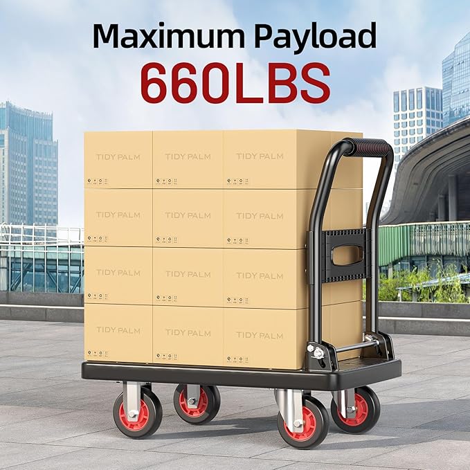 Upgraded Foldable Push Cart Dolly | 660 lbs. Capacity Moving Platform Hand Truck | Heavy Duty Space Saving Collapsible | 4‘’ TPR 360-Degree Silent Wheels | 2 Swivel Wheels and 2 Fixed Wheels