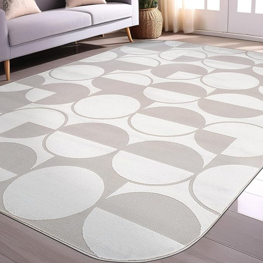 Beverly Rug Modern Geometric Area Rug 4x6 Low-High Pile Durable Soft Abstract Circular Indoor Rugs for Living Dining Room Office Stain Resistant Non Shedding Casual Indoor Carpet Beige White 4 x 6