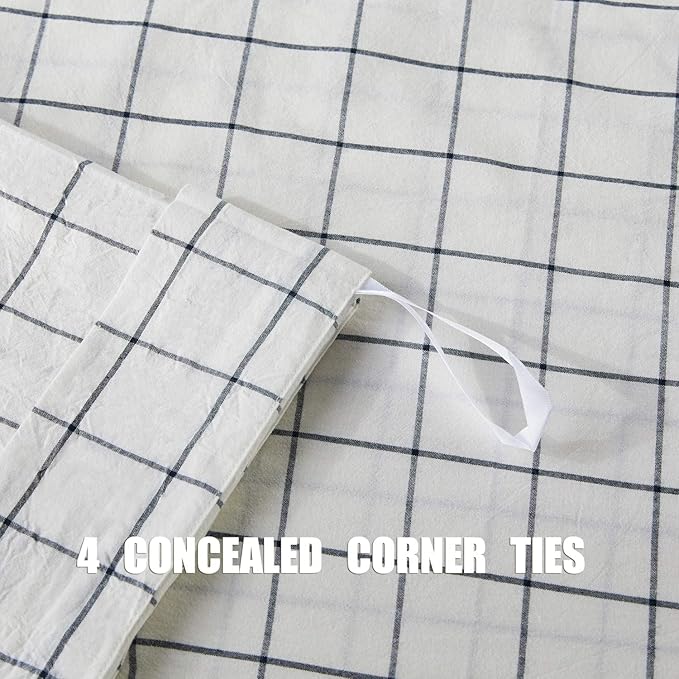 JELLYMONI Cotton Duvet Cover Queen Size - White Grid Plaid Comforter Cover with Button 100% Washed Cotton 3PCS Breathable Soft Bedding Set Duvet Cover 90×90in & 2 Pillowcases (NO Comforter)