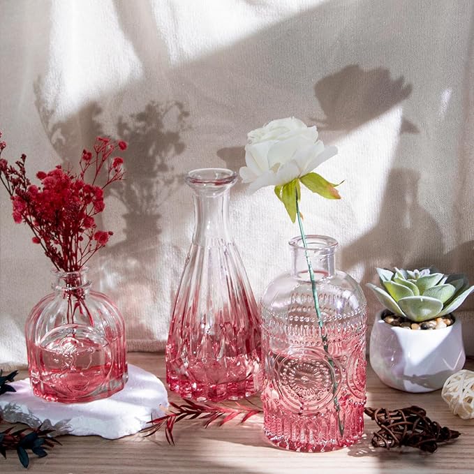 Valentine's Day Pink Glass Bud Vases Set of 12, Vintage Mini Vases for Centerpieces, Glass Bud Vase in Bulk for Wedding Decor, Single Flowers, Office and Home Table Flower Décor