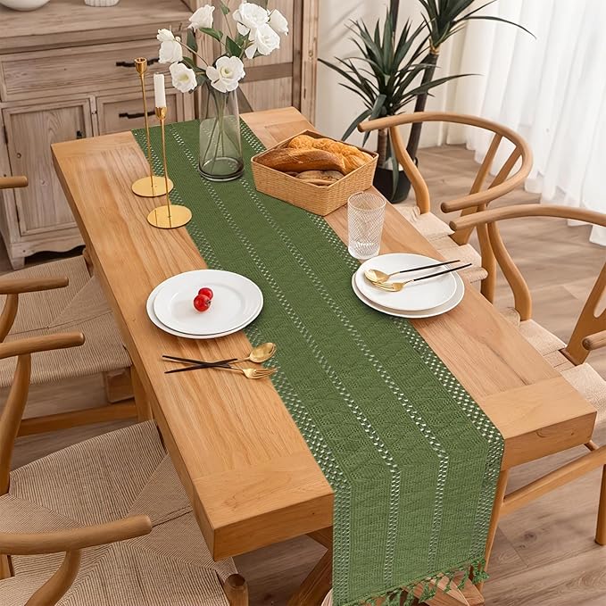 Niviy Sage Green Boho Table Runner for Home Decor 108 Inches Long with Tassels, Rustic Macrame Cotton Linen Woven Coffee Table Runners for Bohemian Dining Table Decoration, Green