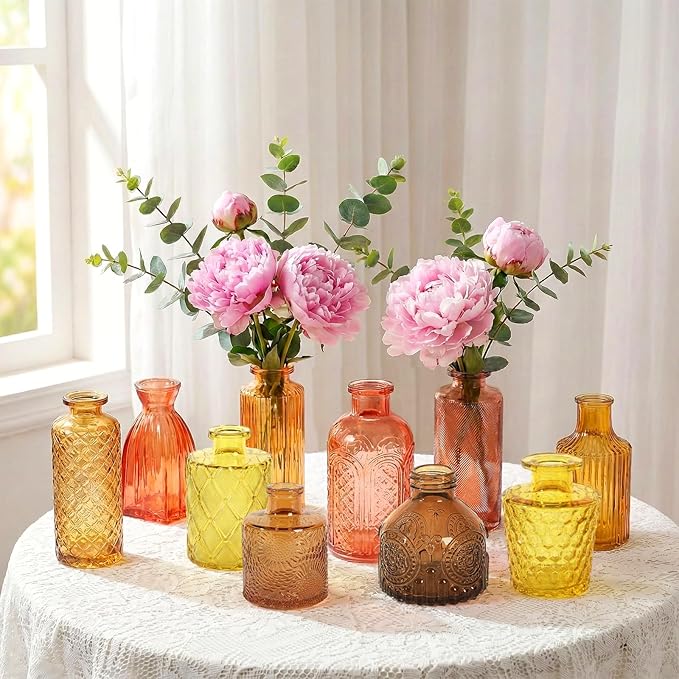 Set of 15 Gold Colored Glass Bud Vases - Small Textured Flower Vases for Centerpieces, Wedding Table Decor, Retro Home Decor Bulk Vase Set for DIY, Events & Gifts
