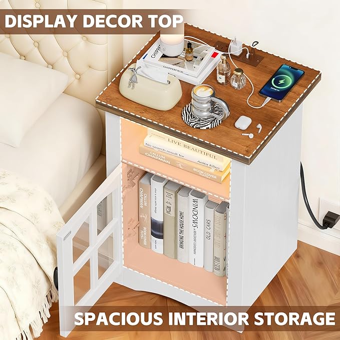 JUMMICO End Table with Charging Station and LED Open Shelf & Glass Door Cabinet, Farmhouse Nightstand with 20W Fast Charge, Side Table for Living Room (1,White & Brown)