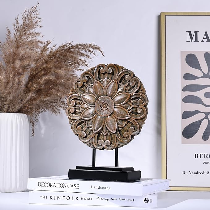 Wood-Colored Circular Petal Sculpture for Cabinet top Decoration, Modern Living Room Coffee Table Decoration, Office Bookshelves, Dining Table Centers, entryway entrances, and Coffee Table Tops.