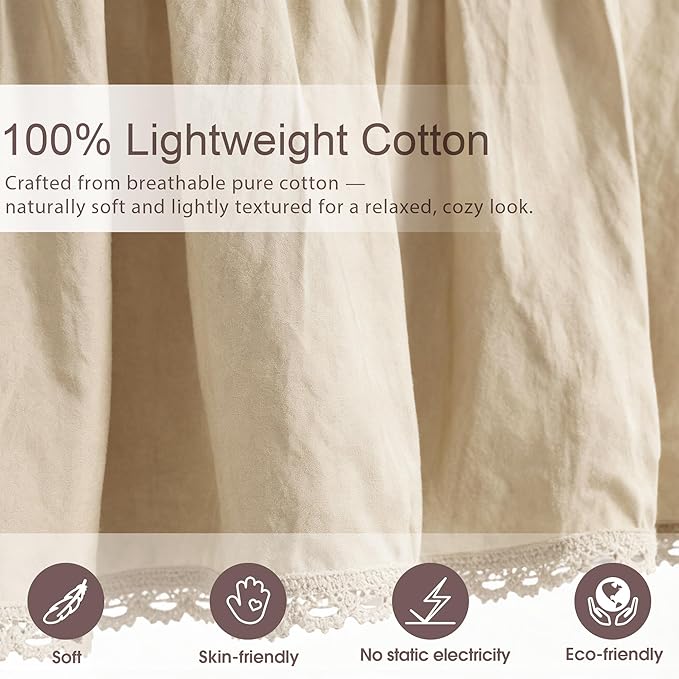 Vlocemon Queen Size 18 inch Drop Ivory Dust Ruffle, Crochet Edge Lace, Lightweight 100% Cotton, French Coutry Style Ruffled Bed Skirt with Split Corners