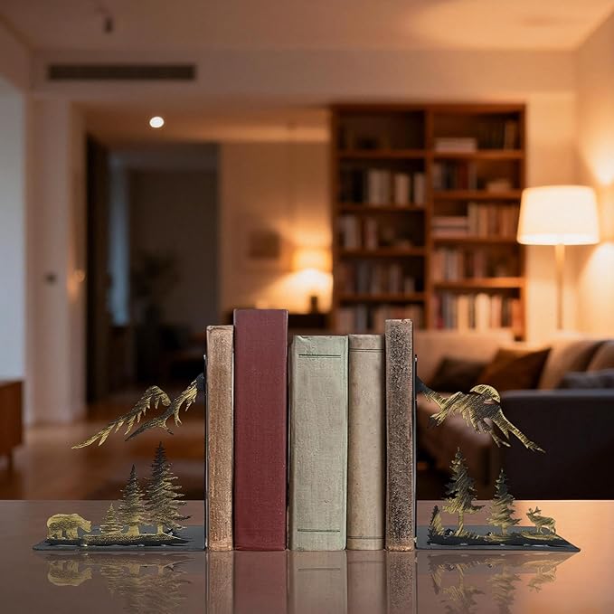 Hand-Painted Gold Mountain Bookends – Rustic Metal Forest Book Ends for Shelves, Heavy Duty Book Holders with Golden Pine Trees & Peaks, Vintage Decorative Book Stoppers for Home Office