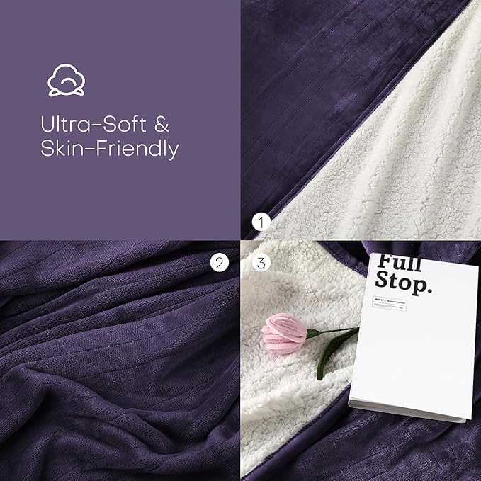 Electric Heated Blanket Throw Size 50"x60" - Flannel & Sherpa Fabric Dual-Sided, 6 Heat Settings & 1-3 Hours Auto Off, Soft & Cozy Warming Throw for Home, Office, or Bed, Machine Washable, Purple