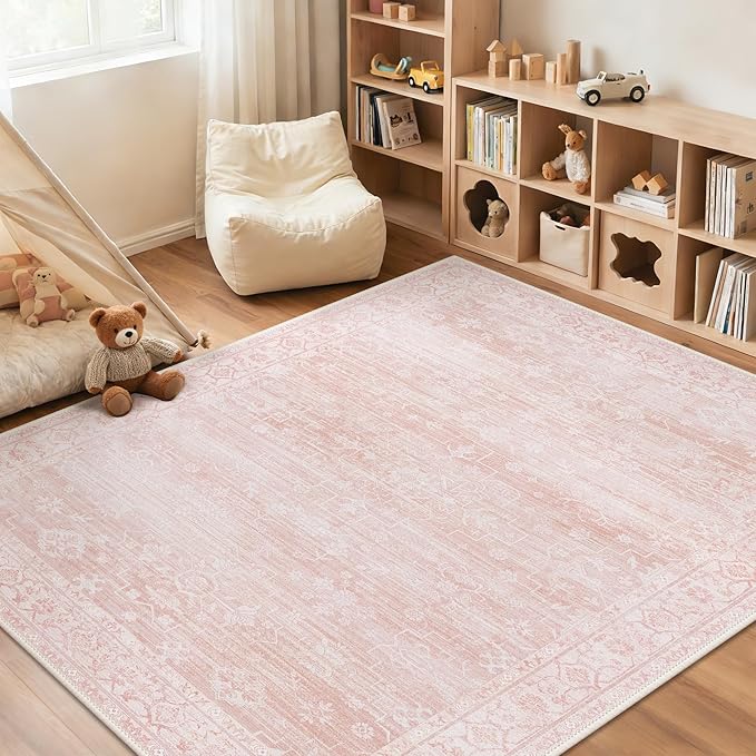 GENIMO 5x7 Area Rugs for Living Room,Machine Washable Non-Slip Vintage Rug, Low Pile Lightweight Carpet for Bedroom, Dining Room, Home Office, Stain & Fade Resistant,Pink