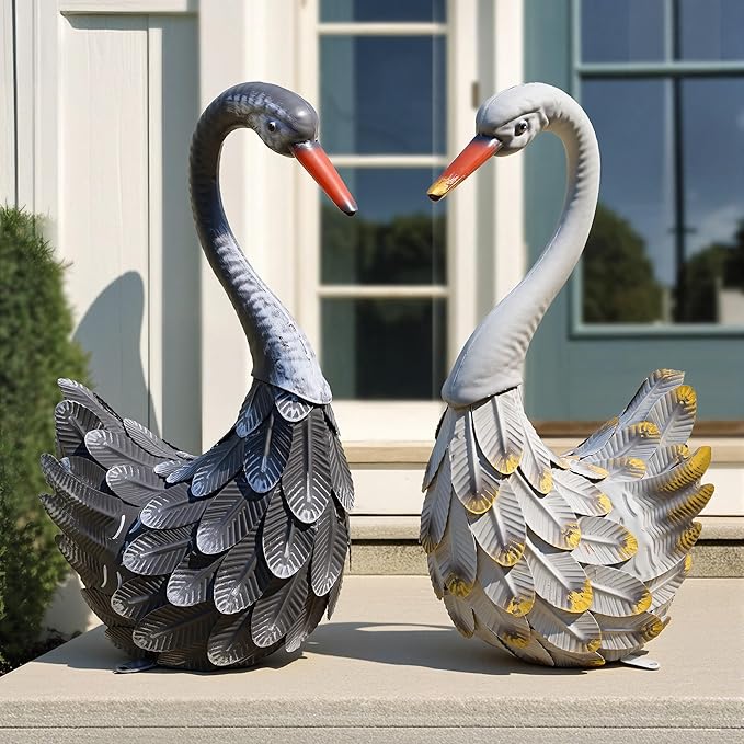 19" Large Swan Statue Set of 2, Handcrafted Lifelike Swan Sculptures Decor with Secure Stakes, Weatherproof Metal Yard Art for Outdoor Indoor Decor, Ideal for Weddings & Valentine’s Day