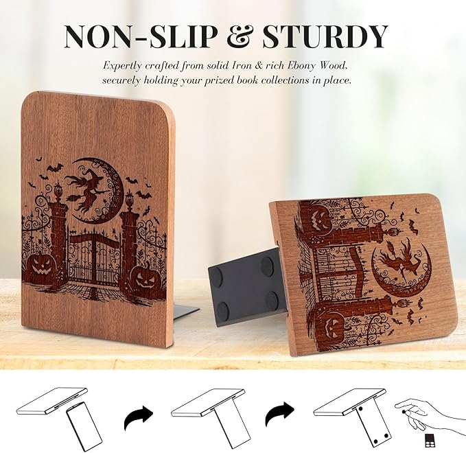 Goth Gifts for Women Men, Gothic Bookends, Heavy Duty Wooden Book Ends for Shelves Decorative(1 Pair, 4.72x6.69 Inches) - Witch