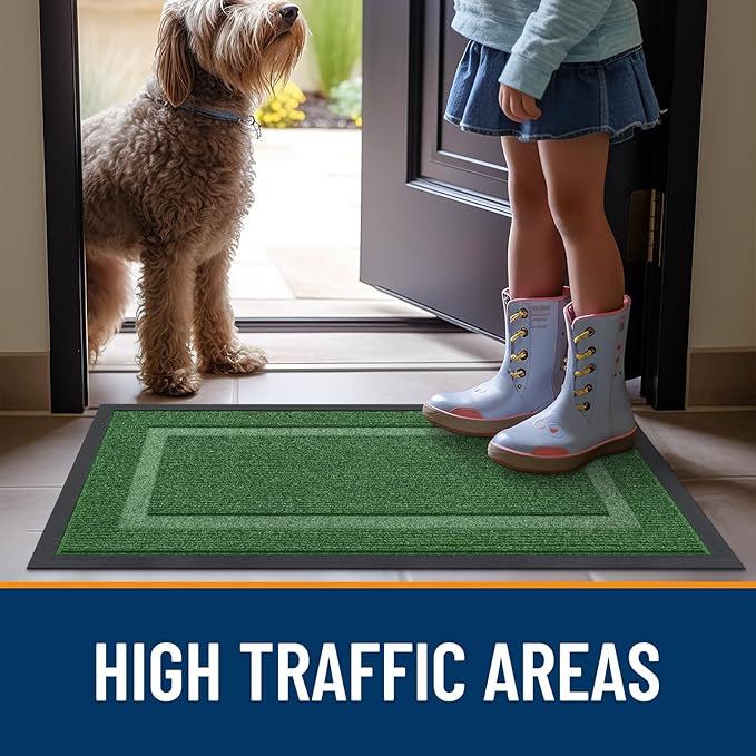 OLANLY Front Door Mat Indoor Outdoor Entrance, Waterproof All-Season, All-Weather Doormat, Sturdy Natural Rubber, Fade Resistant, Low Profile, Easy Clean Patio Porch Entryway Mat, 47x32, Green