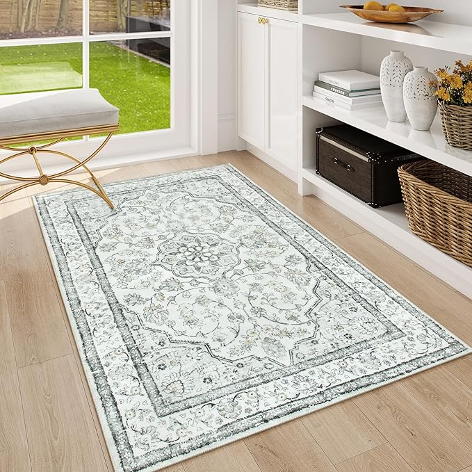 Lahome Oriental 3x5 Rug,Washable Entry Rugs for Inside House Non-Slip,Boho Grey Rugs for Living Room,Traditional Vintage Bathroom Carpet Thin Throw Rug for Bedroom Entryway Kitchen,(3x5ft,Light Gray)