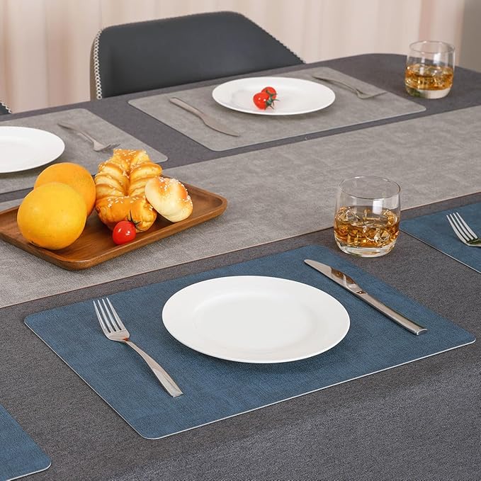 Myir JUN Reversible Vinyl Placemats Set of 6, Faux Leather Place Mats Dual Sided Waterproof Wipeable, Heat-Resistant Table Mats for Kitchen Dining Indoor Outdoor (12" x 17", Light Gray Navy Blue)