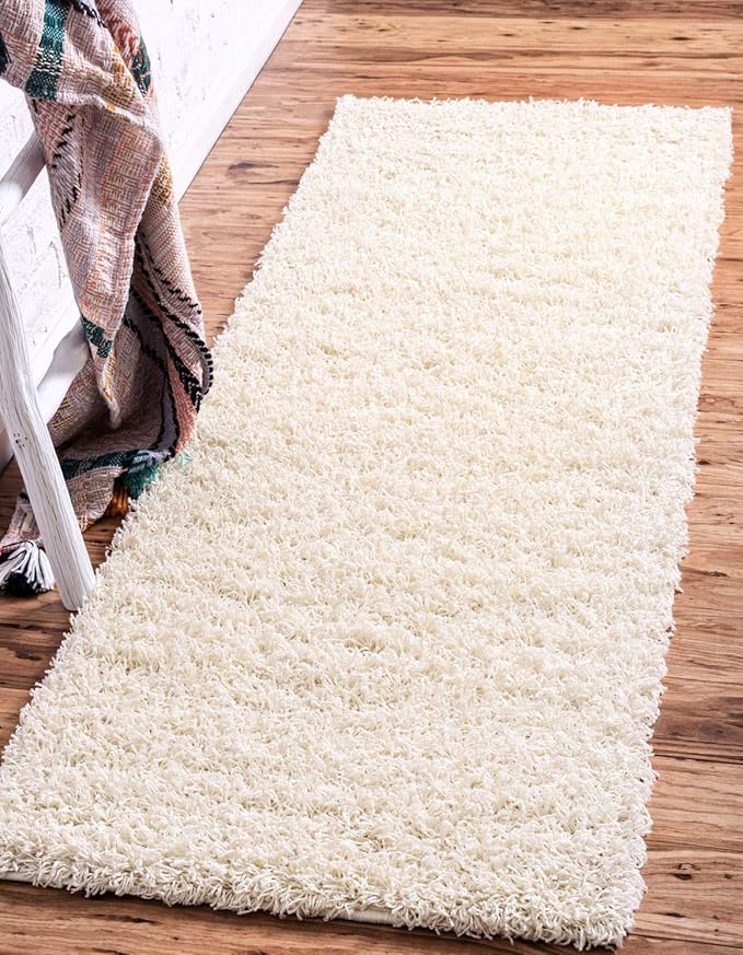 Unique Loom Solid Shag Collection Area Rug (2' 7" x 10' Runner, Pure Ivory)