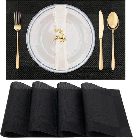 Winknowl Placemats Set of 4, Washable Vinyl Woven Placemats, Heat Resistant & Wipeable Table Mats for Kitchen Dining Table (Black)