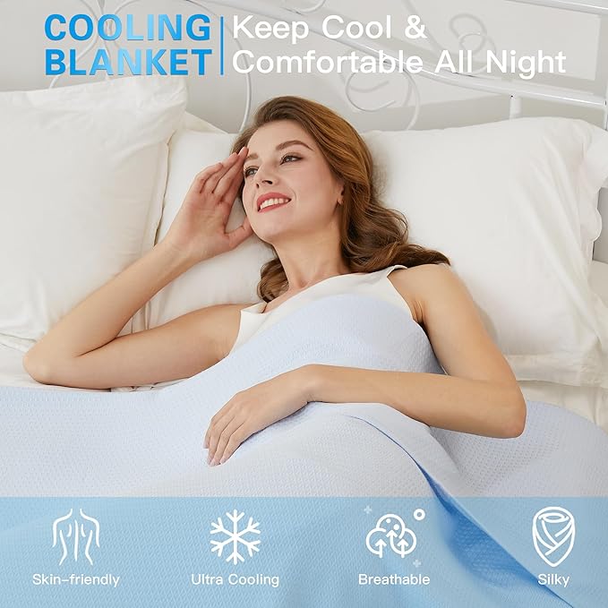 AmyHomie Cooling Blanket, 100% Rayon Derived from Bamboo, Cool Summer Blanket for Hot Sleepers, Soft Comfy Lightweight Blankets for All Seasons(Blue, 79×91in)