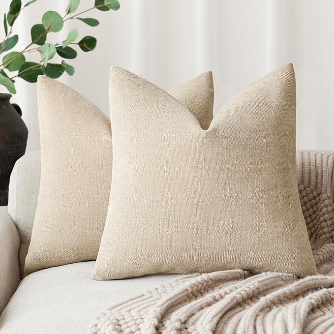 Foindtower Pack of 2 Soft Textured Throw Decorative Pillow Covers Square Accent Solid Cushion Cover Cozy Neutral Farmhouse Pillow Case for Couch Sofa Bedroom Living Room 18x18 Inch, Beige