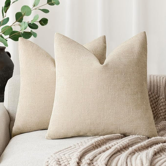 Foindtower Pack of 2 Soft Textured Chenille Throw Decorative Pillow Covers Square Accent Solid Cushion Cover Cozy Neutral Farmhouse Pillow Case for Couch Sofa Bedroom Living Room 16x16 Inch, Beige