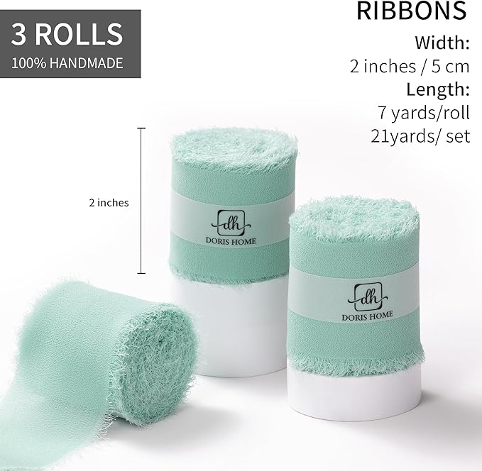 DORIS HOME Mint Green Chiffon Ribbon for Flower Bouquet, 2" x21Yd Fabric Ribbon for Gift Wrapping, Handmade Frayed Ribbon for Wedding, Chiffon Silk Ribbon for Christmas Decorations