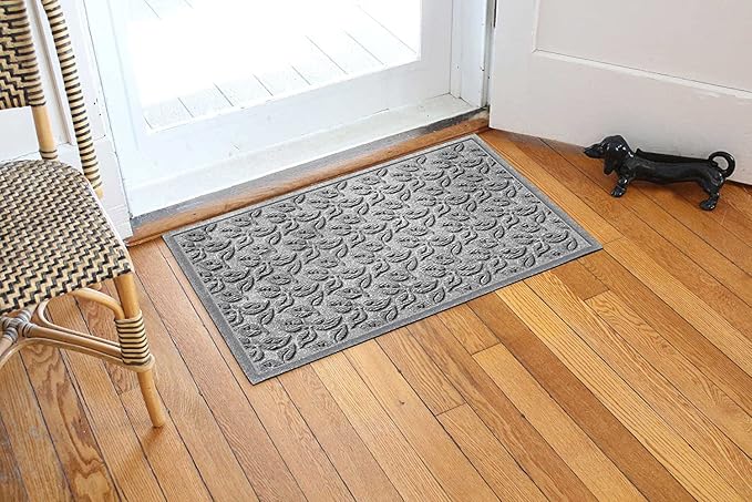 WaterHog Water Trapping Door Mat - Slip-Resistant Indoor/Outdoor Entrance Rug for Front Door, Entryways, Patios, Porch, Mudrooms, Hallway, Made in USA, Dogwood Leaf Collection, Medium Grey, 2' x 3'
