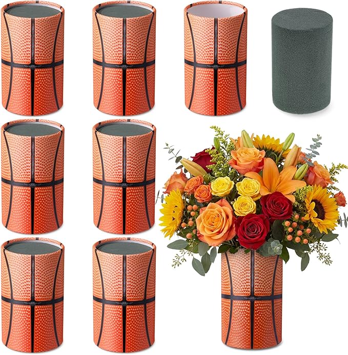 6 Set 5 Inch Basketball Vase Table Centerpiece Sports Style Round Basketball Runner Flower Box with Paper Removable Foam Vase for Home Artificial Flower Utensil Holder Kitchen Party Decor