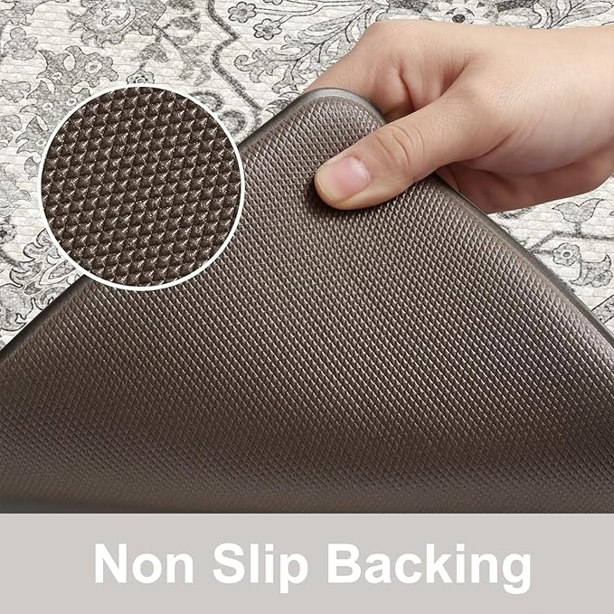 KIMODE Anti Fatigue Kitchen Mats, 2 PCS Cushioned Kitchen Rugs and Mats, Boho Kitchen Floor Mats Non Slip, Comfort Foam Standing Mat for Laundry, Office, Sink, Grey 17.3" x 59"+17.3" x 29"