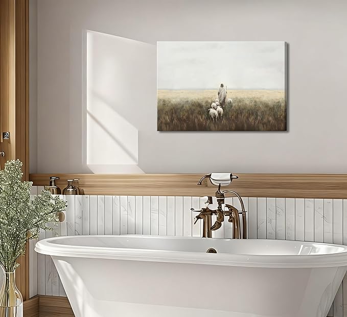 Jesus and Lamb Canvas Wall Art Vintage Christianity shepherd Painting Picture Wall Decor Jesus Leaves the 99 Sheep Inspirational Poster Print Artwork for Church Study Living Room Home Decoration