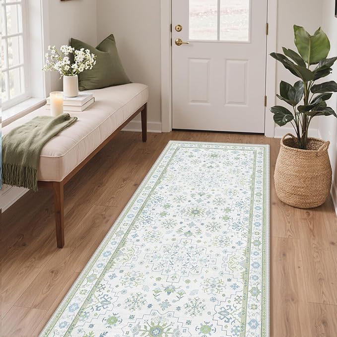 GENIMO 2'6''x6 Runner Rug,Machine Washable Non-Slip Vintage Rugs,Low Pile Lightweight Carpet for Bedroom,Hallway,Entryway,Kitchen,Bathroom,Creamgreen