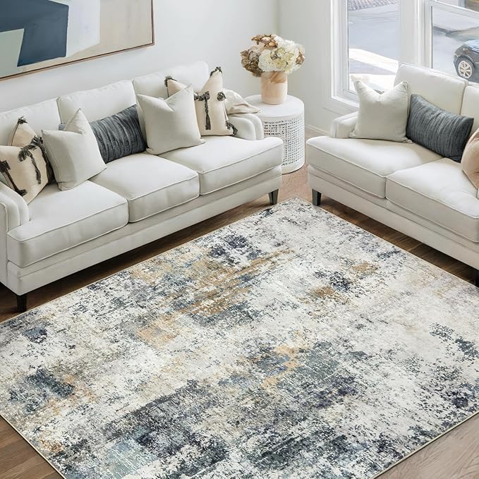 AREAMAY Washable Area Rug 5x7 - Neutral Modern Abstract Rugs, Soft Non Slip Thin Carpet with for Bedroom, Under Dining Room Table, Home, Office, Dorm, Office Rolling Chair - Green Yellow