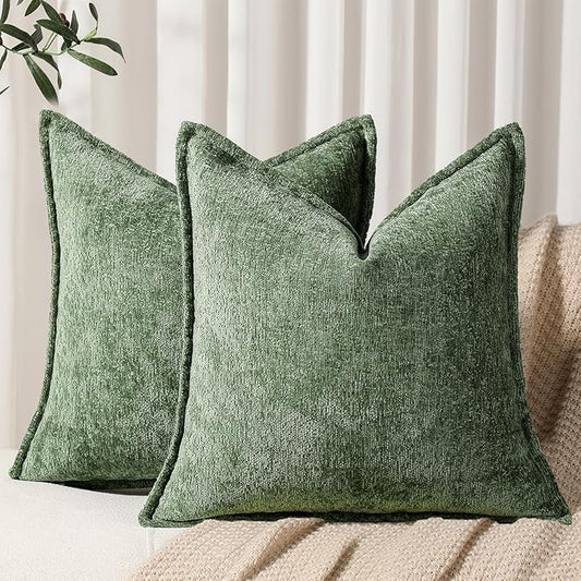 DEZENE Pack of 2 Forest Green Christmas Decorative Throw Pillow Covers 16x16 Cozy Soft Chenille Accent Vintage Square Couch Pillow Covers for Home Decor Bed Sofa Living Room