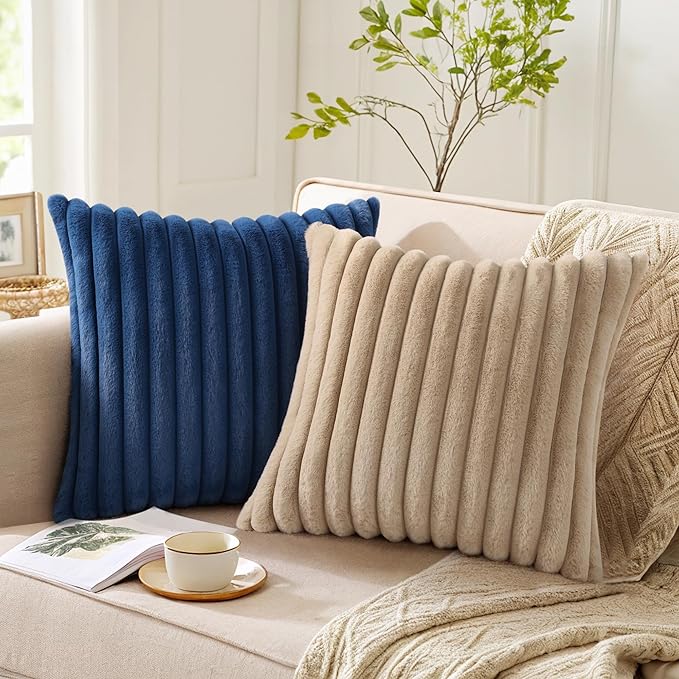 Pallene Faux Fur Plush Throw Pillow Covers 18x18 Set of 2, Luxury Soft Fluffy Striped Decorative Pillow Covers for Sofa, Couch, Living Room, Navy Blue