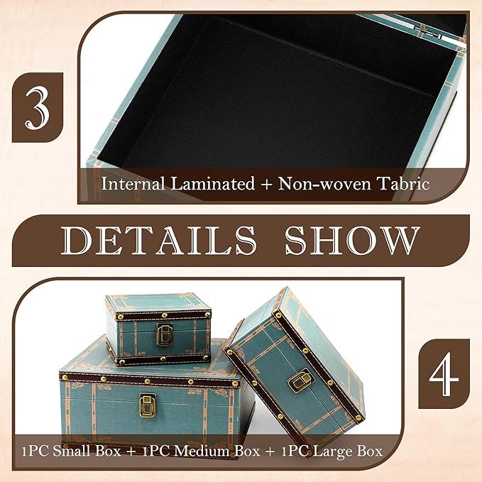 Jolitac Wooden Storage Box Set of 3, Antique-Looking Storage Containers with Secret Compartments Vintage Nesting Keepsake Chests for Jewelry, Cash, Photos Travel-Friendly & Stackable (Green)
